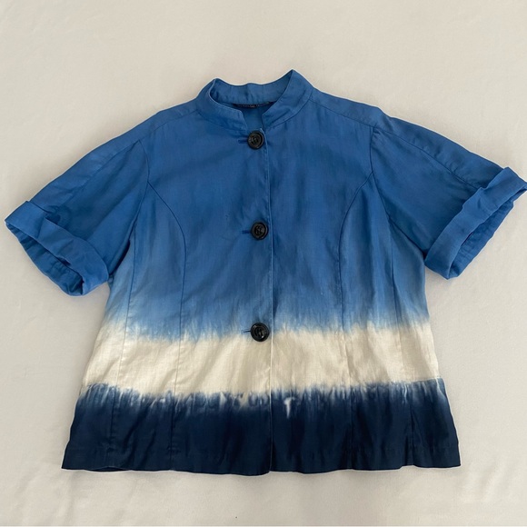 Lafayette 148 New York Short Sleeve Shirt Jacket Size 14 100% Linen Tie Dye - Picture 4 of 13